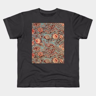 PEACOCKS AND RED PINK ROSES IN BLUE PAISLEY PATTERN Kids T-Shirt